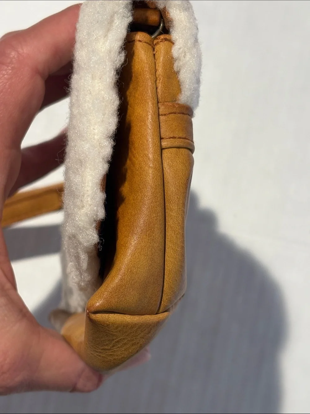 Shearling-Trim Wristlet Pouch in Camel and Cream